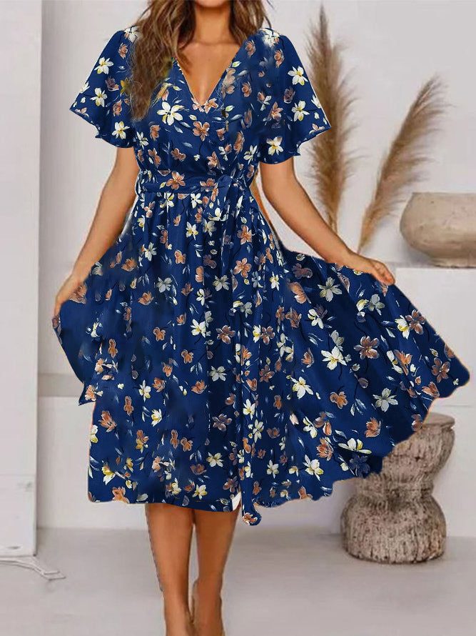 V-neck Short Sleeve Printed Waist-controlled Dress