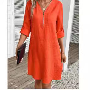 Cotton Linen Zipper V-neck Solid Color Long Sleeve Dress