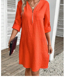 Cotton Linen Zipper V-neck Solid Color Long Sleeve Dress