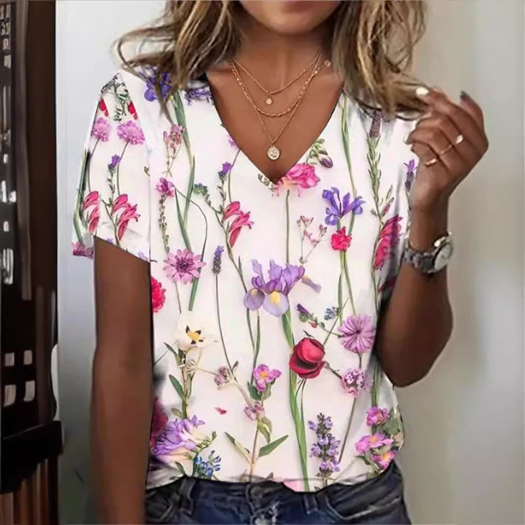 Short-sleeved V-neck Floral Print T-Shirt