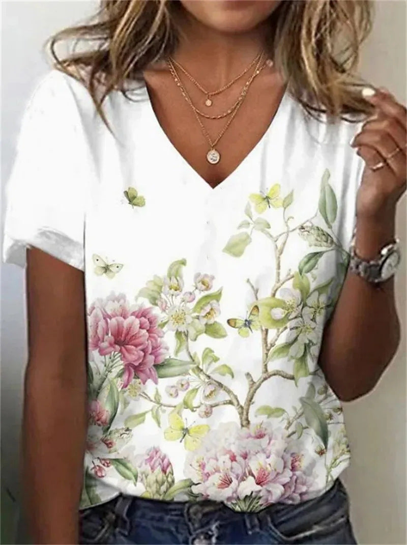 Short-sleeved V-neck Floral Print T-Shirt