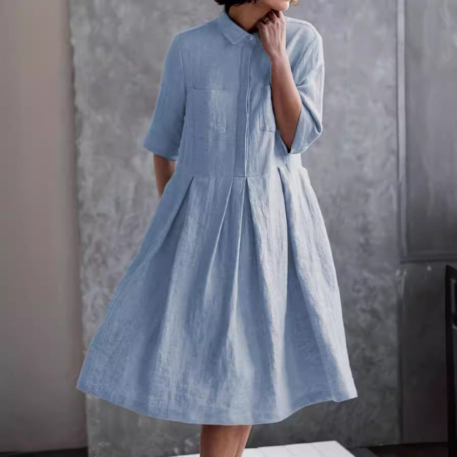 Solid Color Shirt Collar Short Sleeve Dress