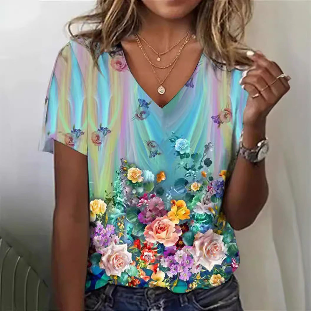 Short-sleeved V-neck Floral Print T-Shirt