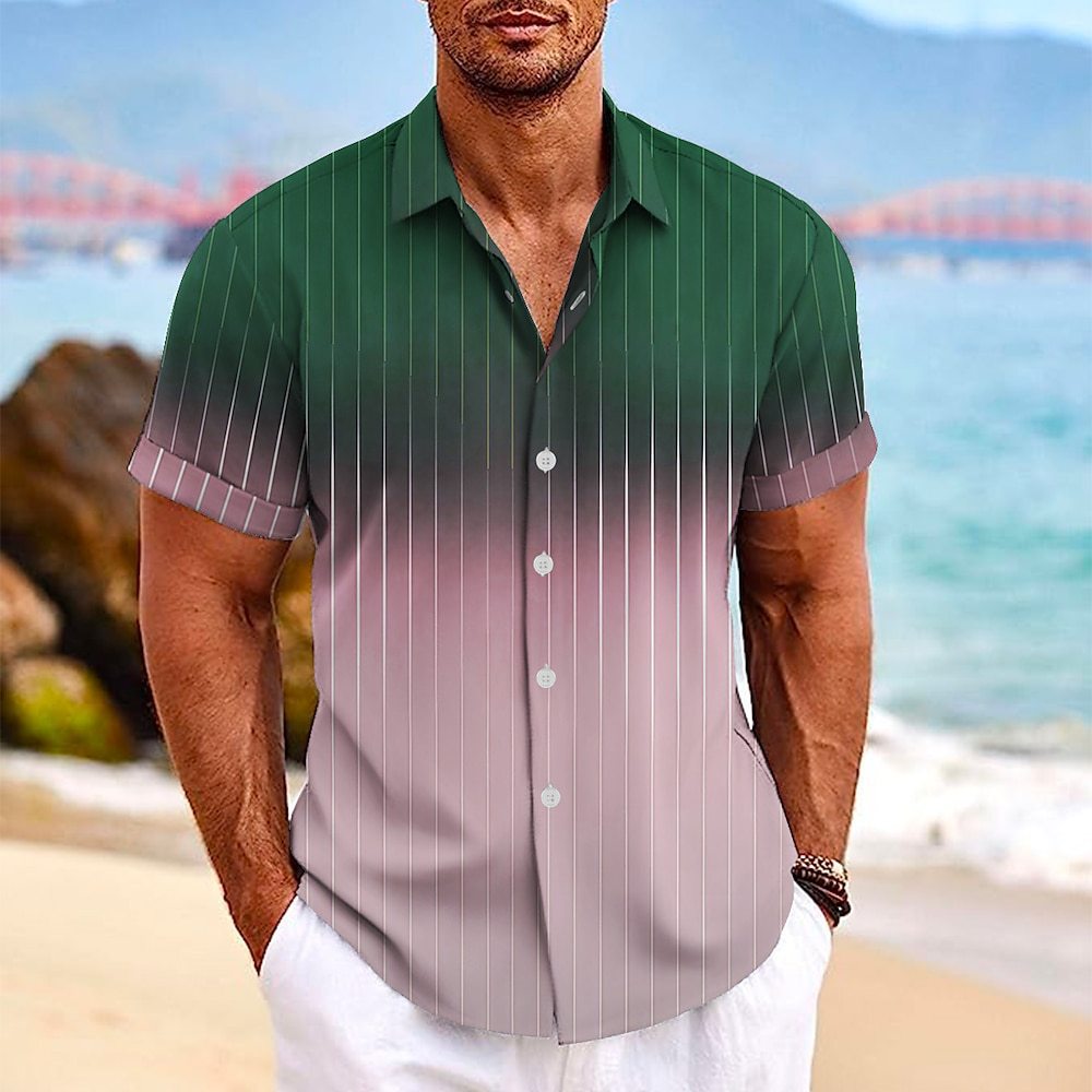 Lapel Button Short-sleeved Gradient Striped Leisure Shirt