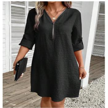 Cotton Linen Zipper V-neck Solid Color Long Sleeve Dress