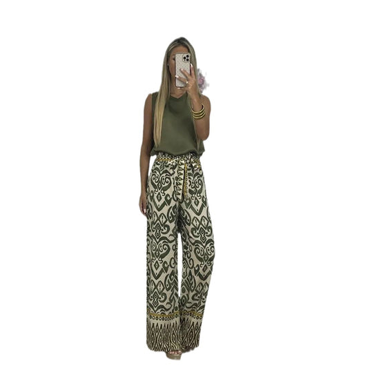 Printed Loose Casual Trousers with Belt