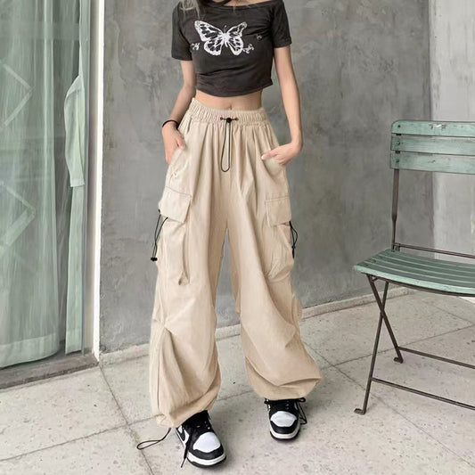 Retro Workwear Straight Drooping Ankle-tied Pants