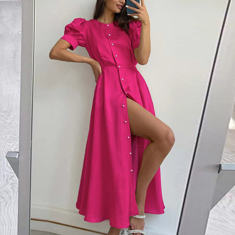 Elegant Slim High Waist Cardigan Button Mid-length Dress