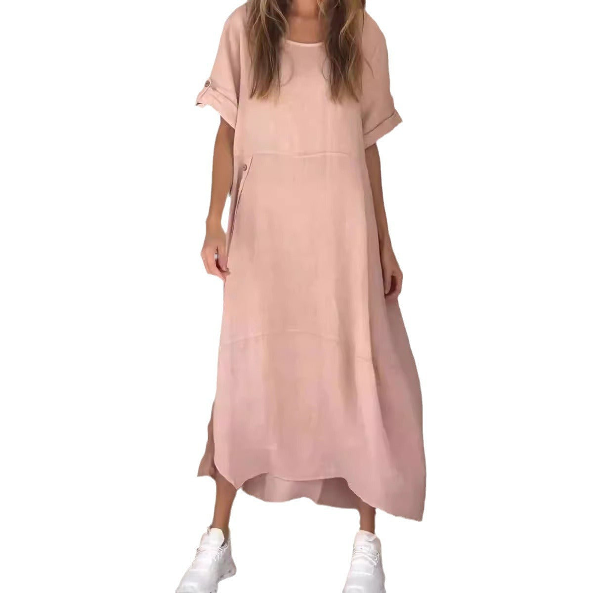 Loose Casual Solid Color Short Sleeve Cotton-Linen Dress