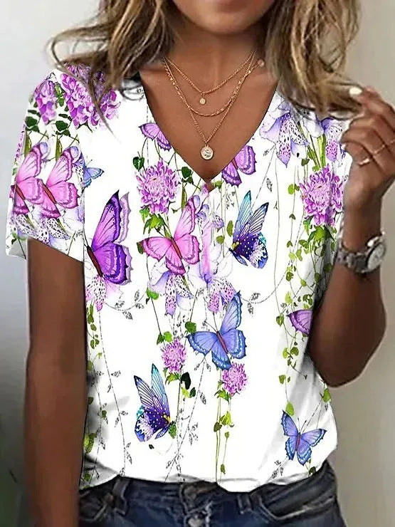 Short-sleeved V-neck Floral Print T-Shirt