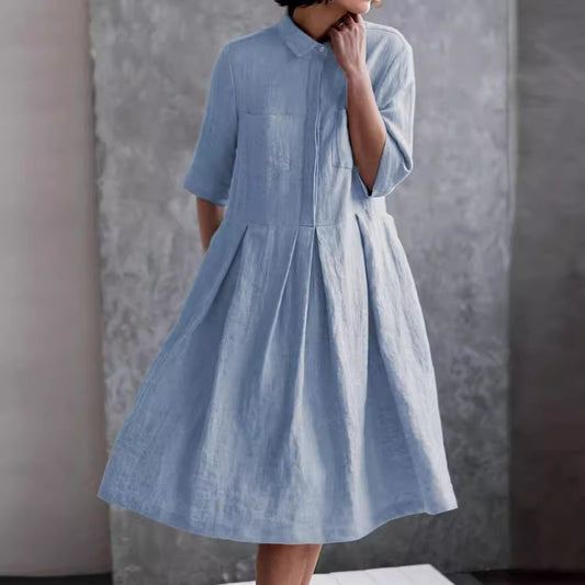 Solid Color Shirt Collar Short Sleeve Dress