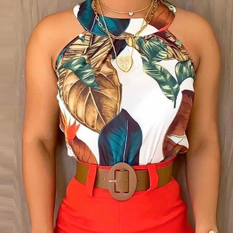 Tropical Print Sleeveless Top Shorts Suit