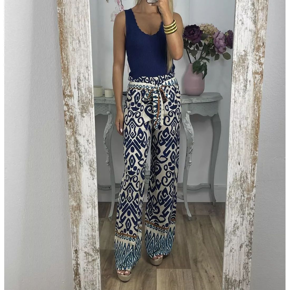 Printed Loose Casual Trousers with Belt