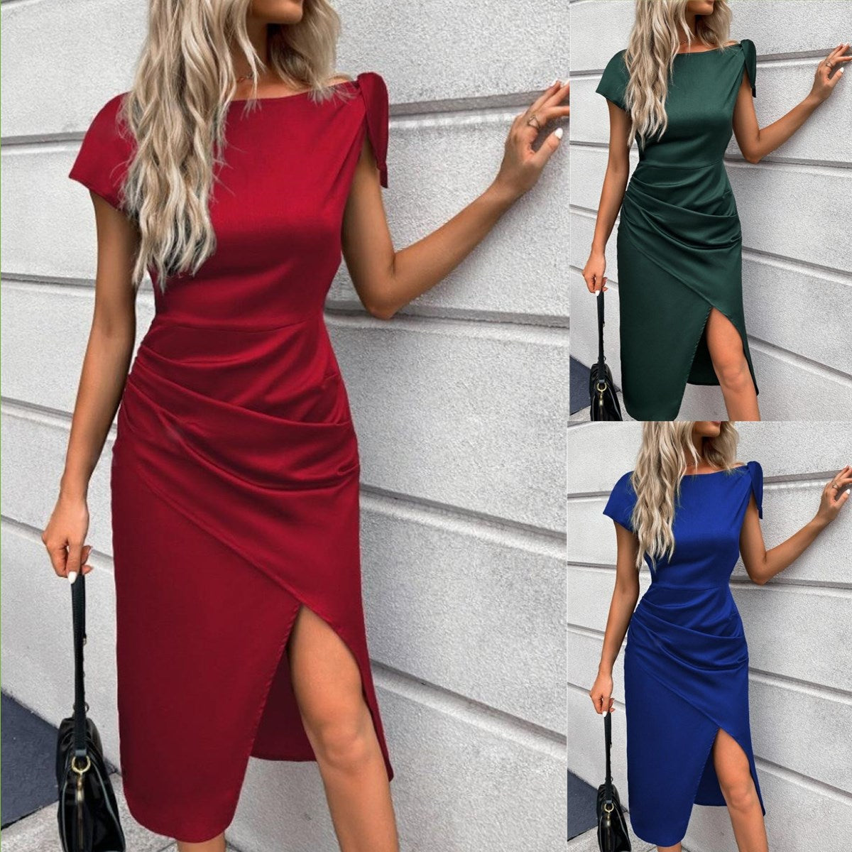 Front Slit Round Neck Short Sleeve Lace-up Temperament Dress