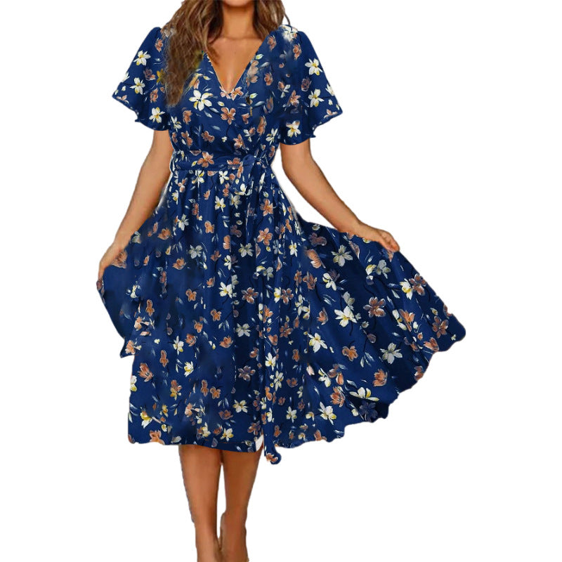 V-neck Short Sleeve Printed Waist-controlled Dress