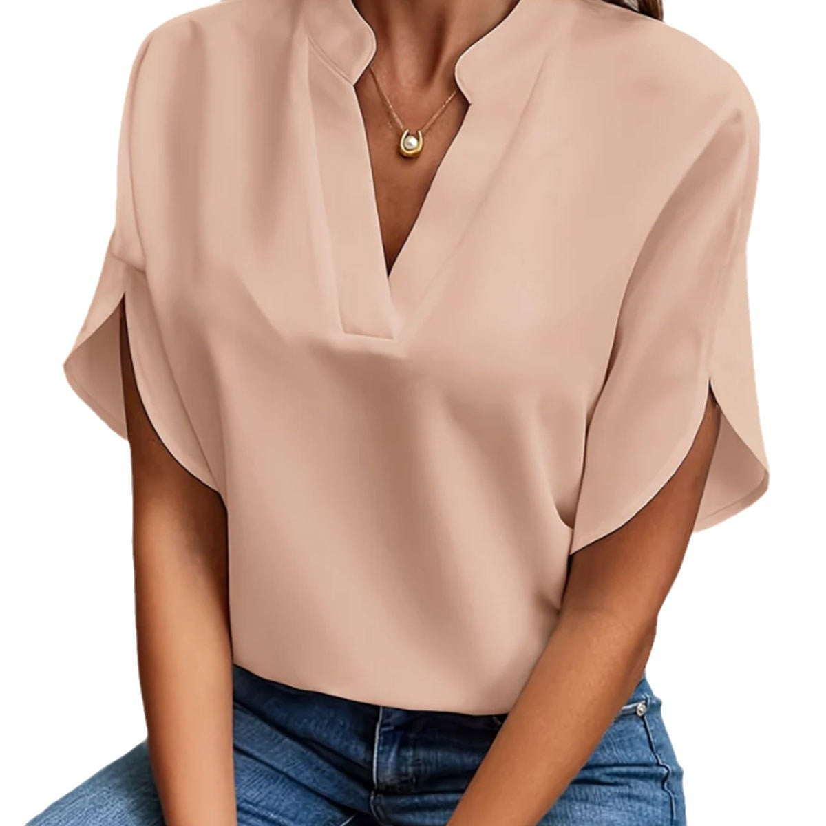 V-neck Pure Color Casual Versatile Short-sleeved Shirt