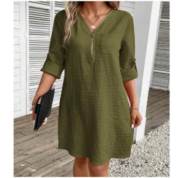 Cotton Linen Zipper V-neck Solid Color Long Sleeve Dress