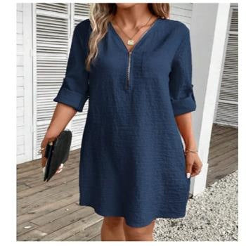 Cotton Linen Zipper V-neck Solid Color Long Sleeve Dress