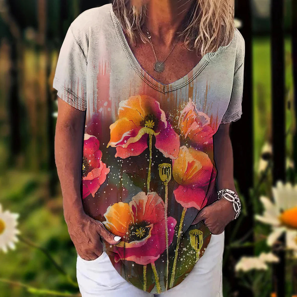 Short-sleeved V-neck Floral Print T-Shirt