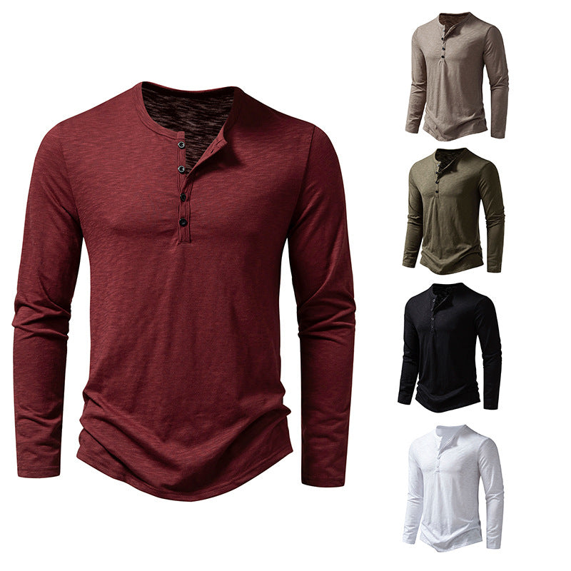 Long Sleeve Fashion Button Henry Collar T-Shirt