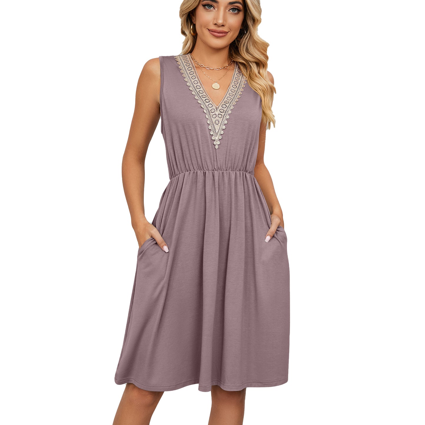 Lace Panel Sleeveless Dress with Pocket