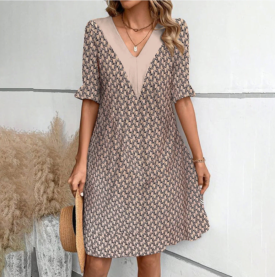 Fashion V-neck Loose Short Sleeve Dress