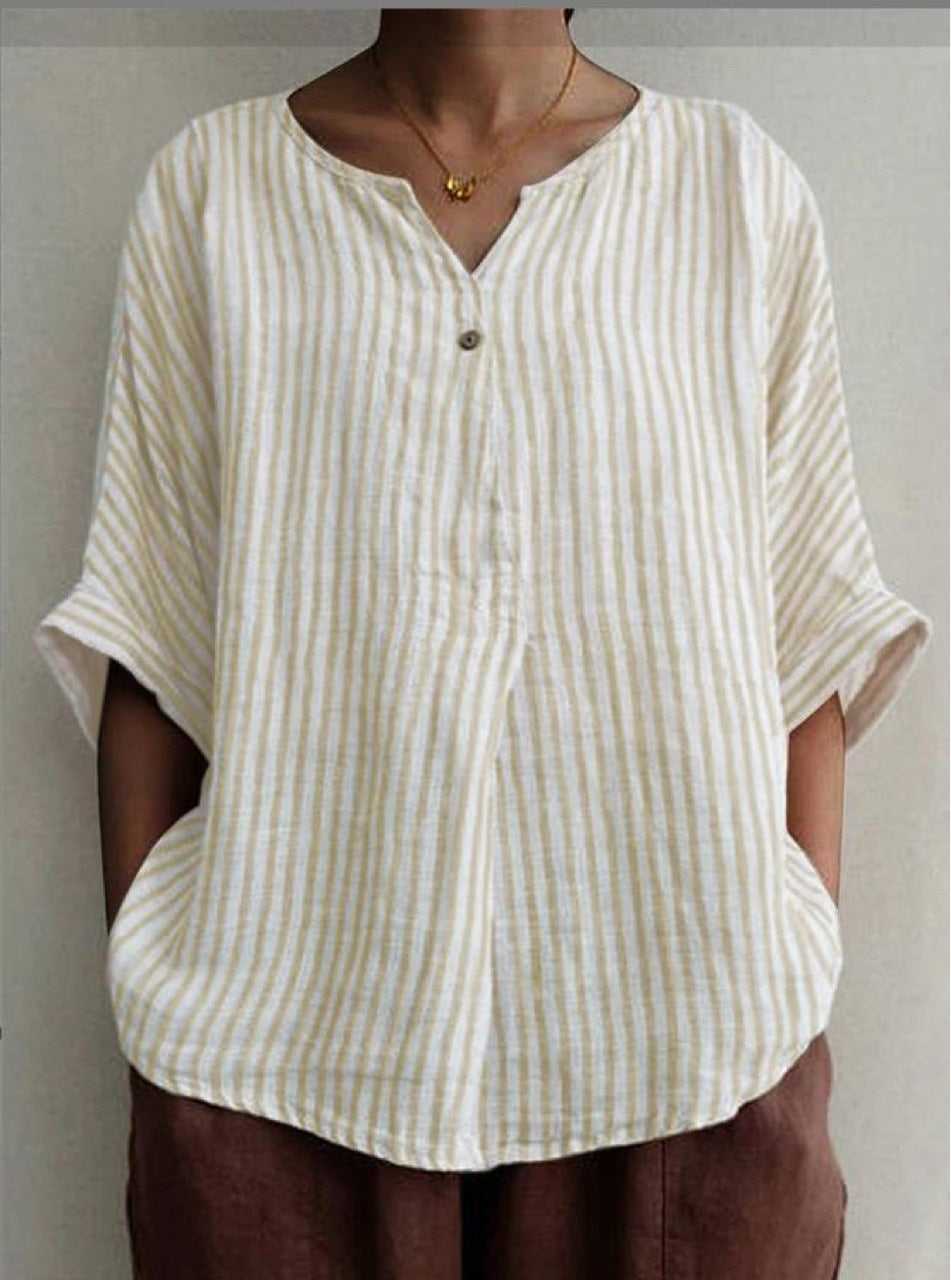 V-neck Striped Loose Short-sleeved Cotton-Linen Shirt