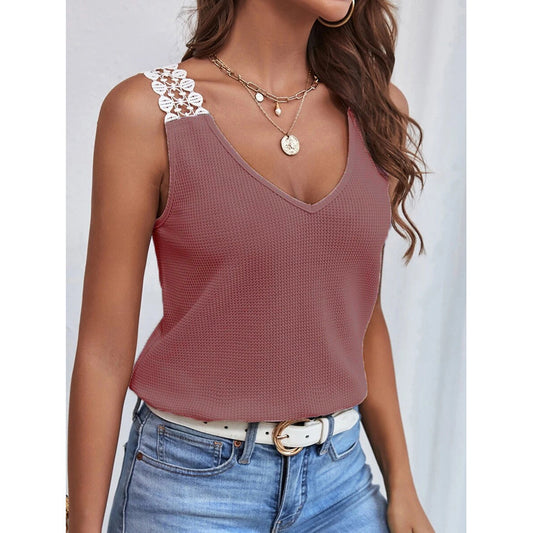 Waffle V-Neck Sleeveless Lace Top