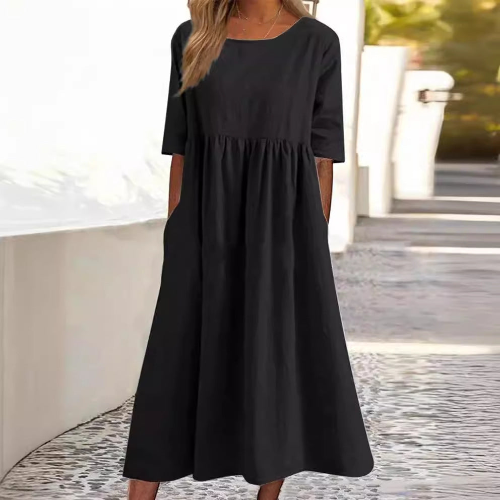 Plus Size Round Neck Loose Long Solid Color Cotton Linen Dress