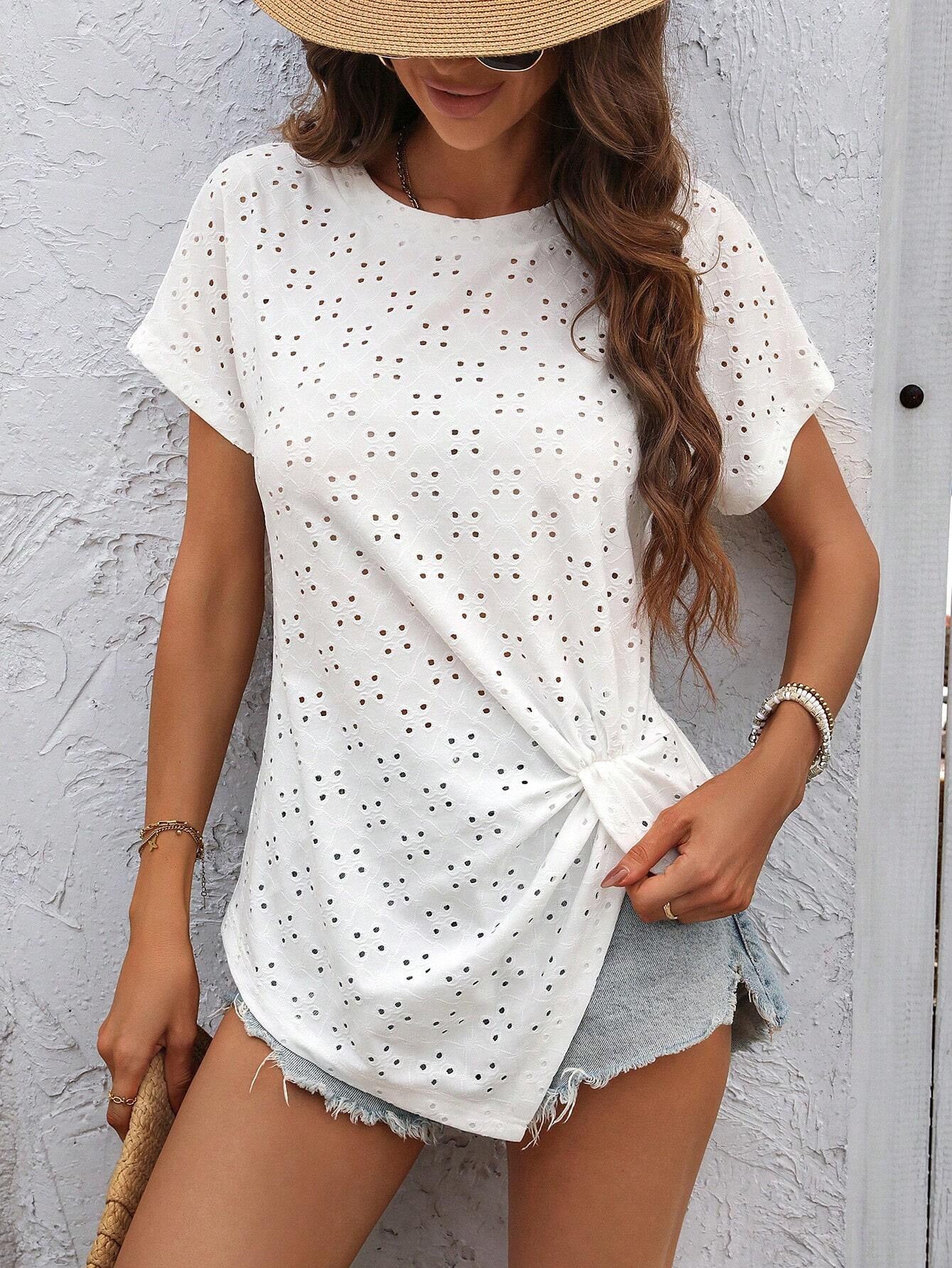 Fresh Jacquard Pleated Round Neck T-Shirt