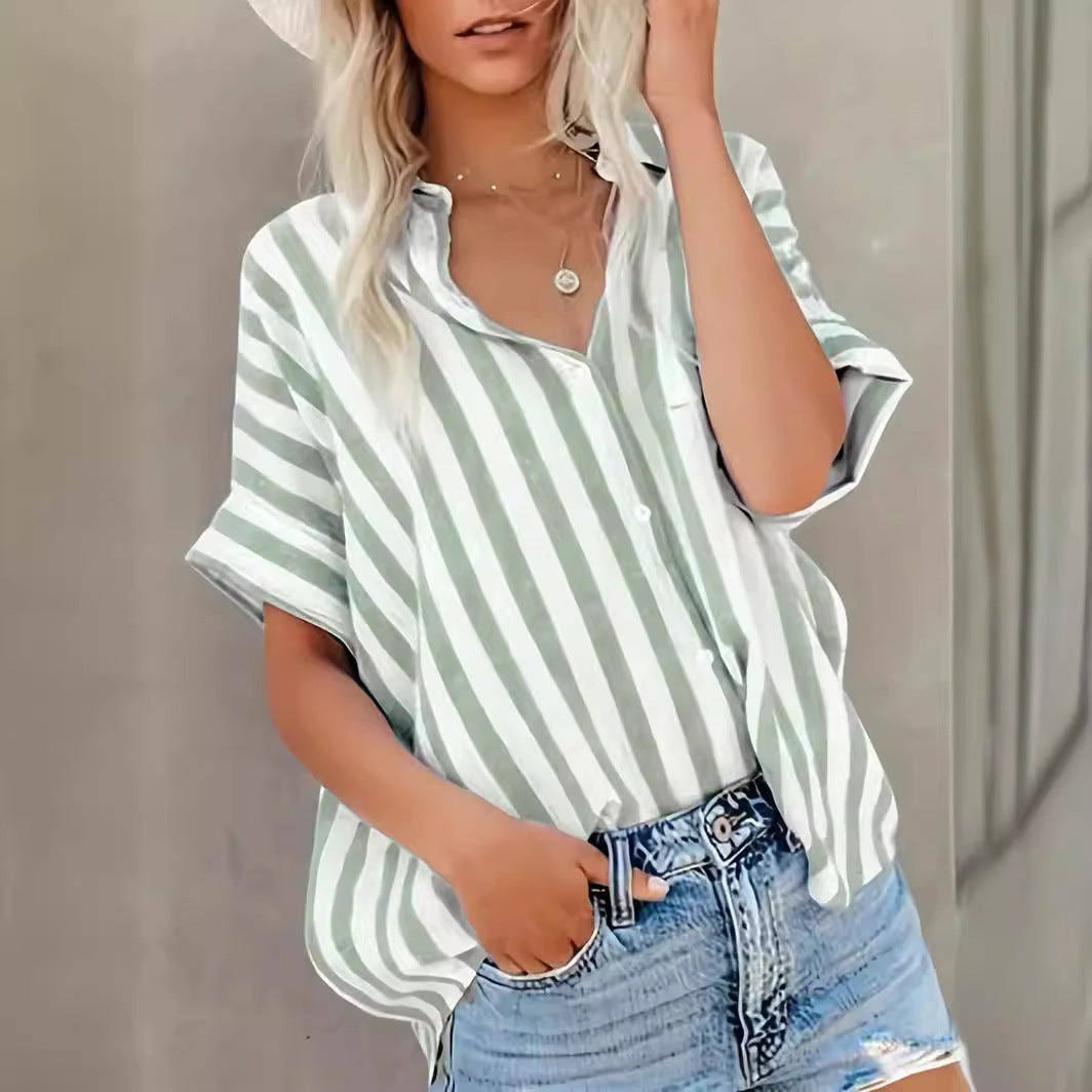 Short-sleeved Cotton-Linen Striped Shirt