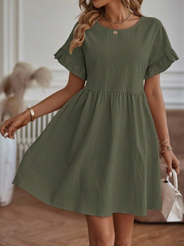 Elegant Round Neck Loose Cotton & Linen Dress