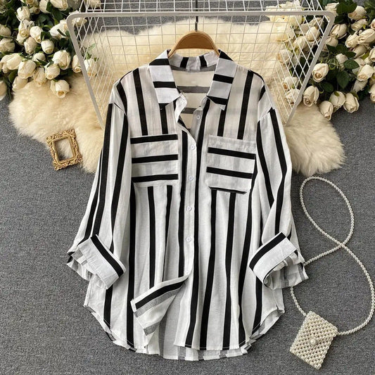 Mid-length Vertical Stripes Multi-colour Shirt