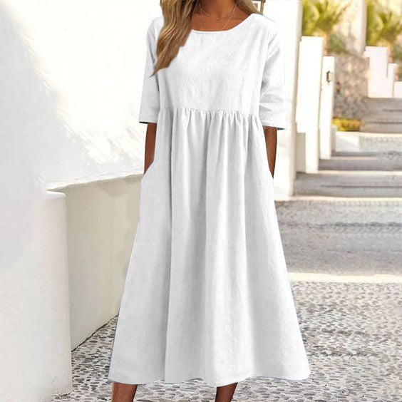 Plus Size Round Neck Loose Long Solid Color Cotton Linen Dress