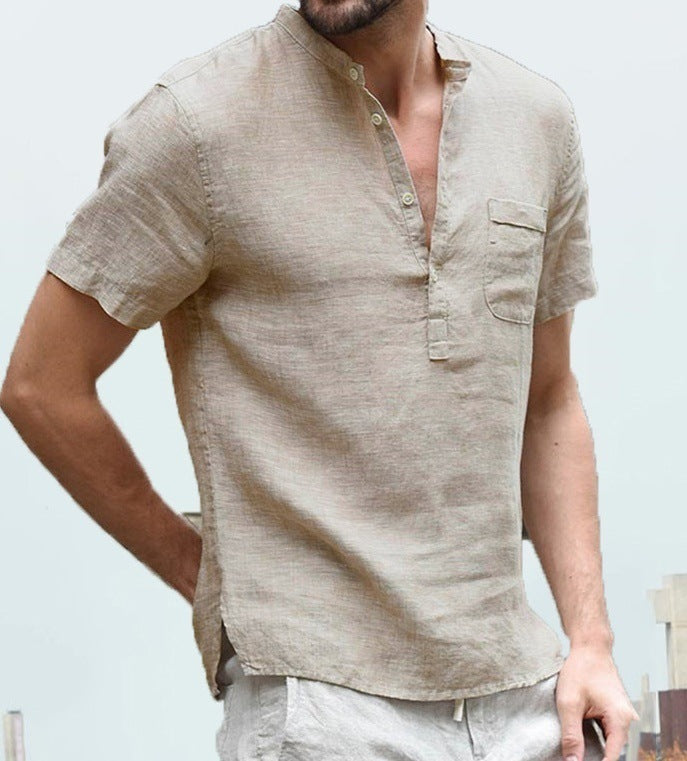 Linen Solid Color Button V Neck Shirt