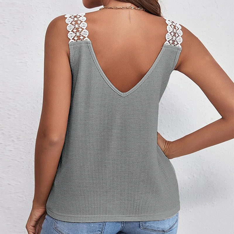 Waffle V-Neck Sleeveless Lace Top