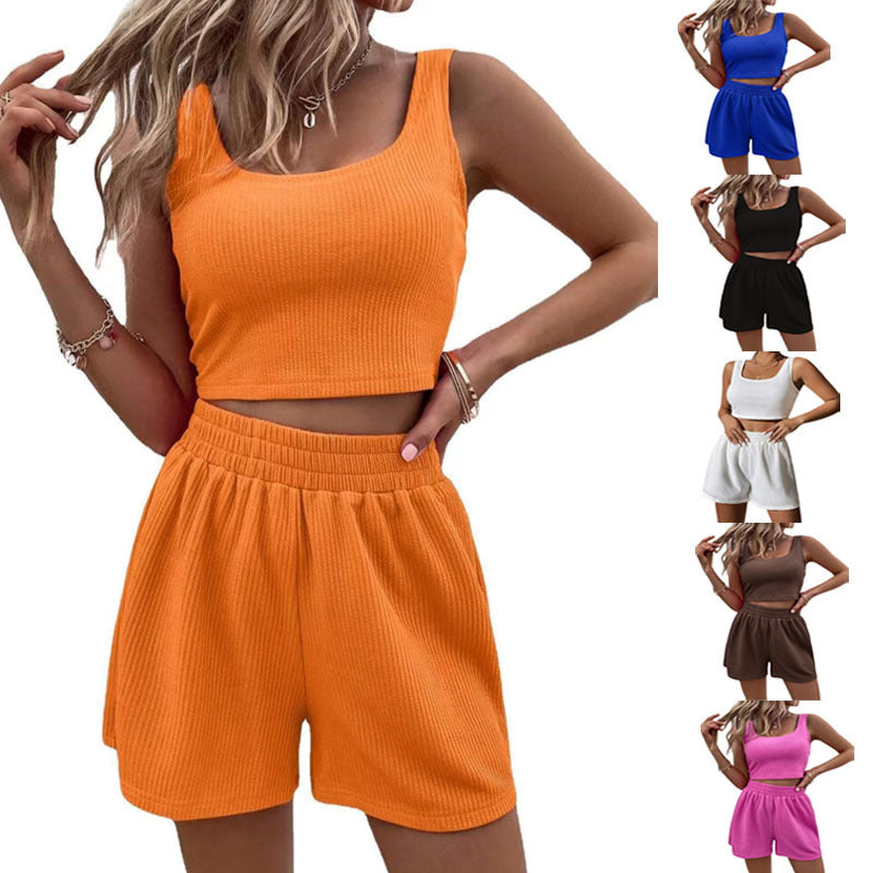 Knitted Square Neck Vest Top and Elastic Shorts