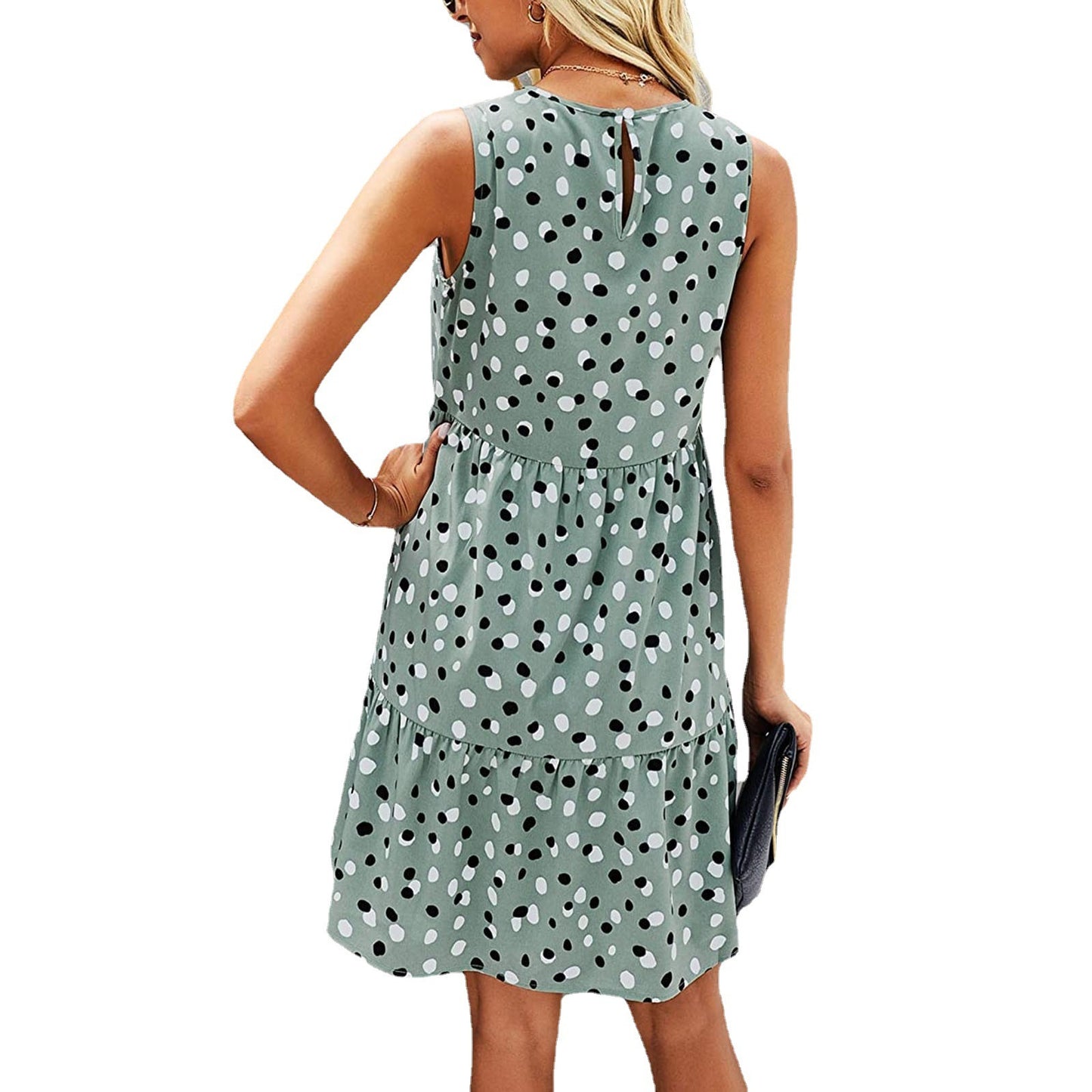 Dot Print Sleeveless Loose Swing T-Shirt Dress with Pocket