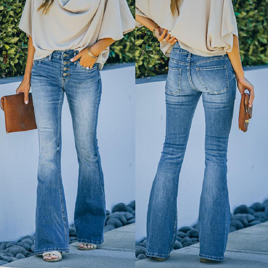 Multi-button Flared Washed Jeans