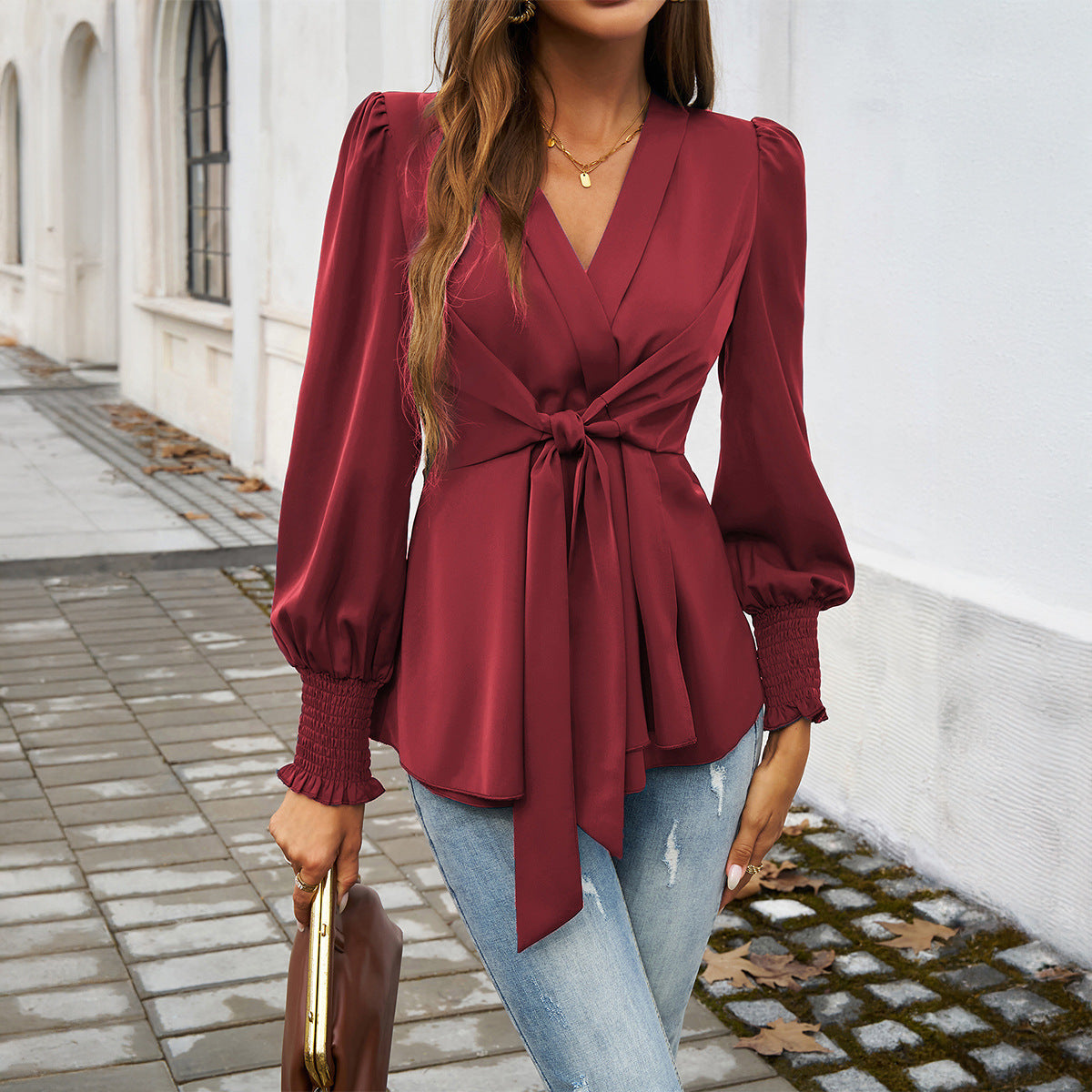 Temperament Leisure V-neck Solid Color Long-sleeved Top