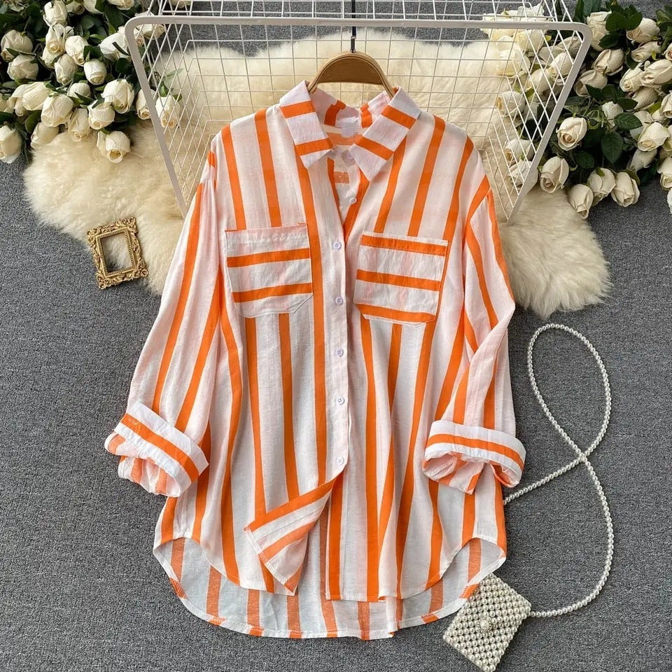 Mid-length Vertical Stripes Multi-colour Shirt