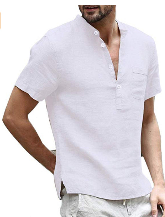 Linen Solid Color Button V Neck Shirt