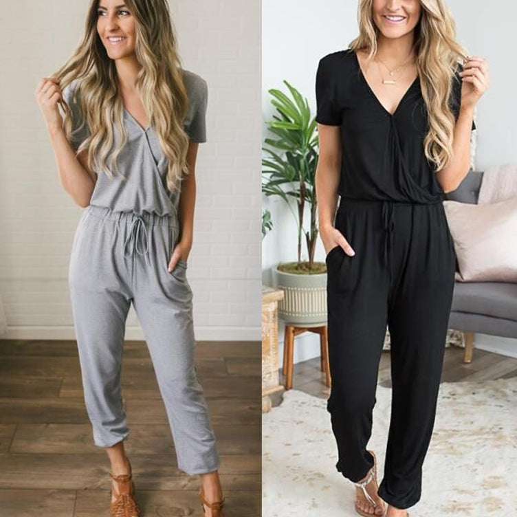 Elastic Waist Drawstring Pocket Straight Leg Jumpsuit