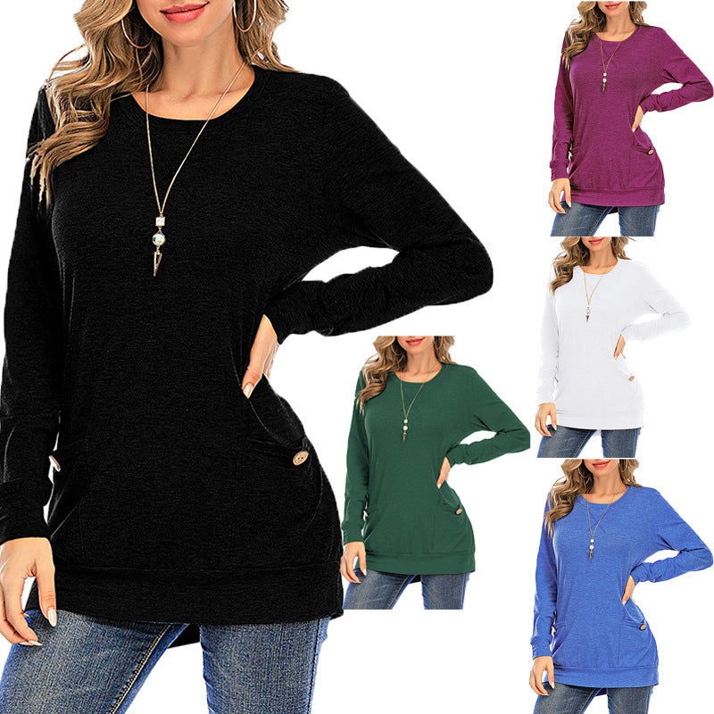 Crossed Pockets Round Neck Long-sleeved T-Shirt