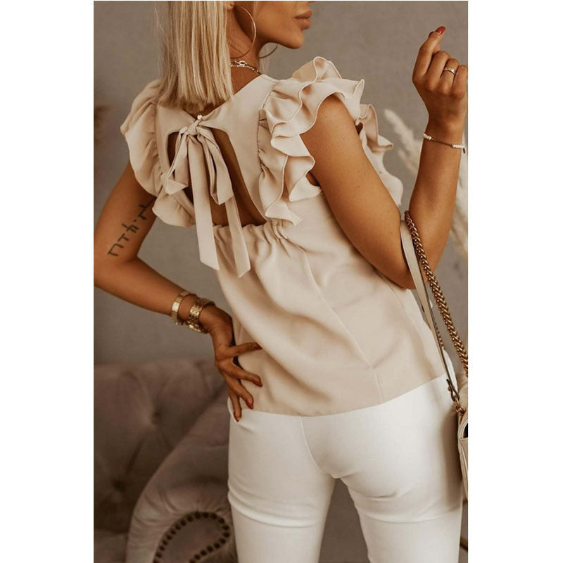 Loose Round Neck Solid Ruffle Short Sleeve Shirt