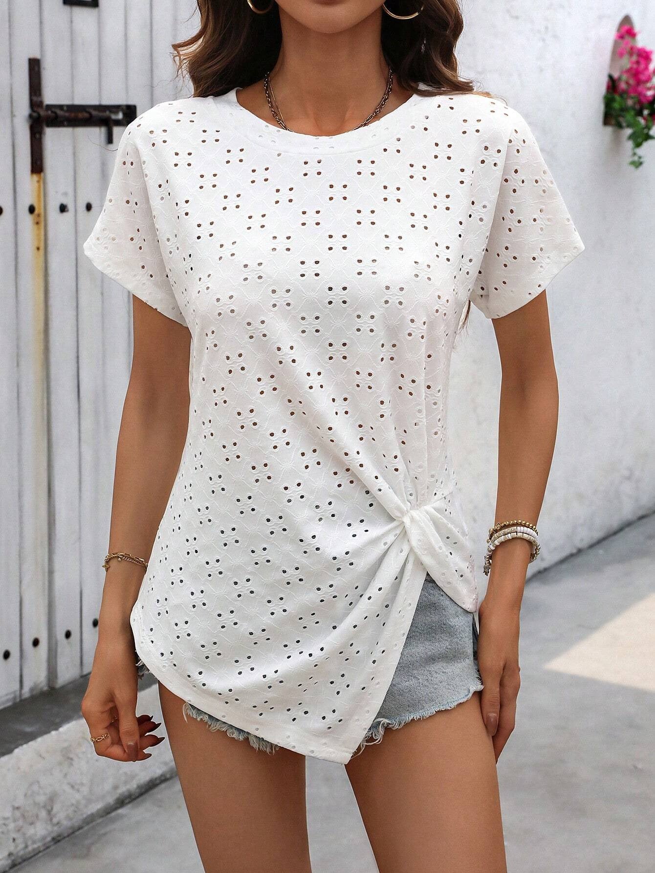 Fresh Jacquard Pleated Round Neck T-Shirt