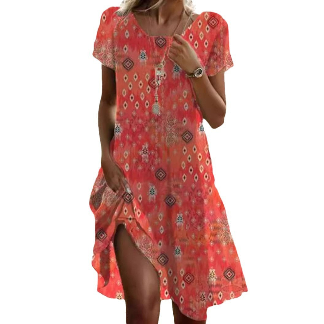 Artistic Ethnic Style Scoop Mid-length Dress