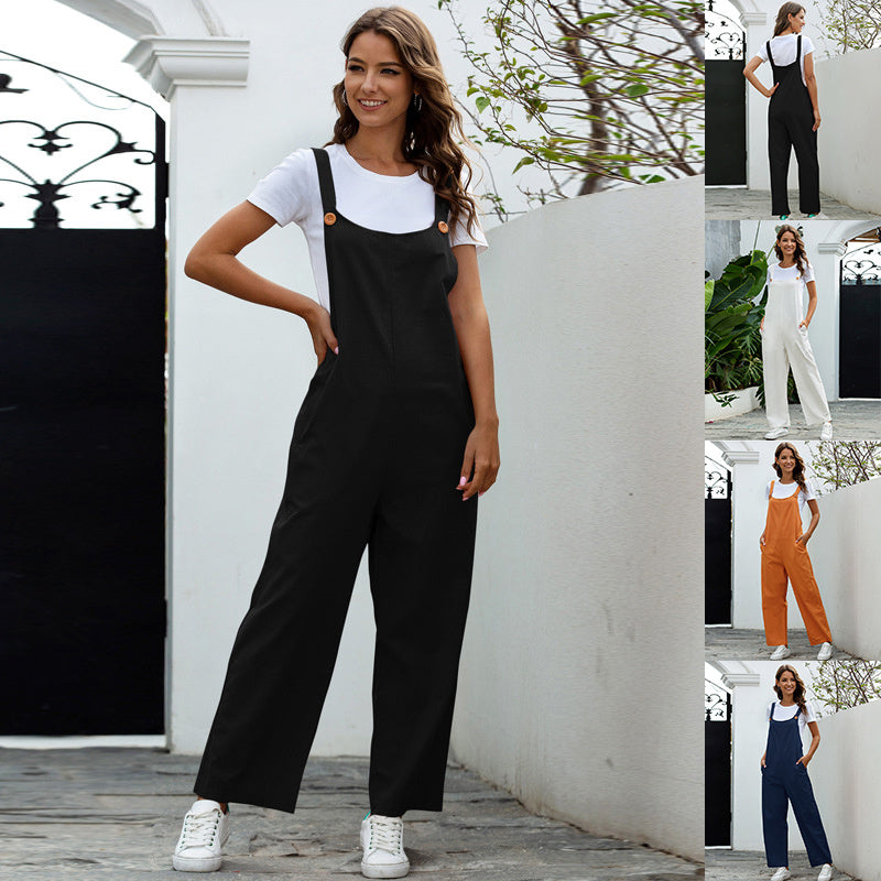 Loose Straight Bib Pants Jumpsuit with Pockets