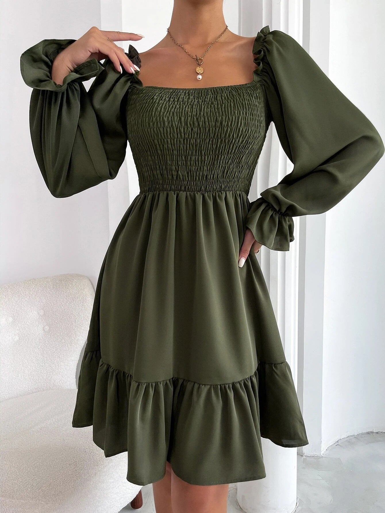 Flared Long Sleeve Ruffled Swing Dress