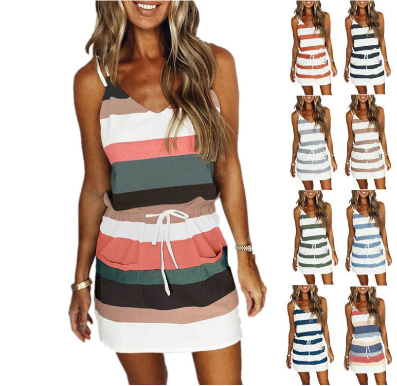 Striped Drawstring Loose Sleeveless Dress